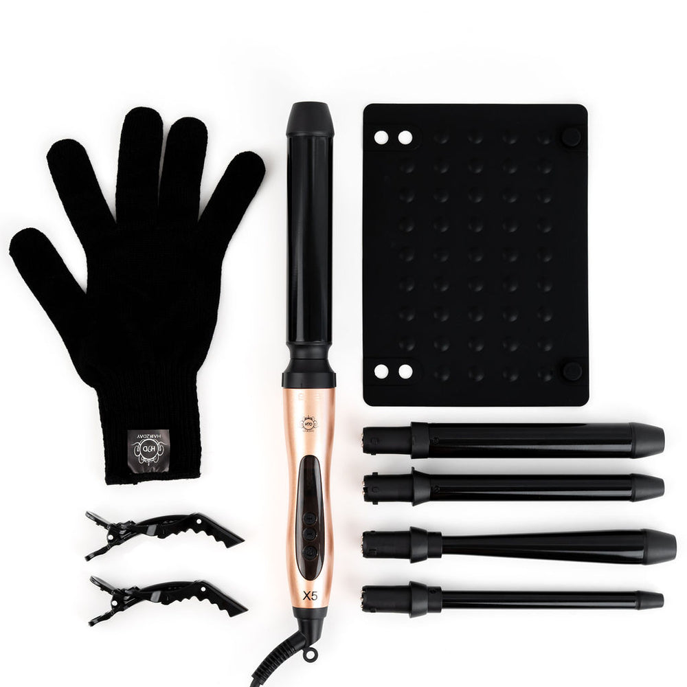 H2D Rose Gold X5 Curling Wand set with heat-resistant glove, heat mat, sectioning clips and five interchangeable barrels