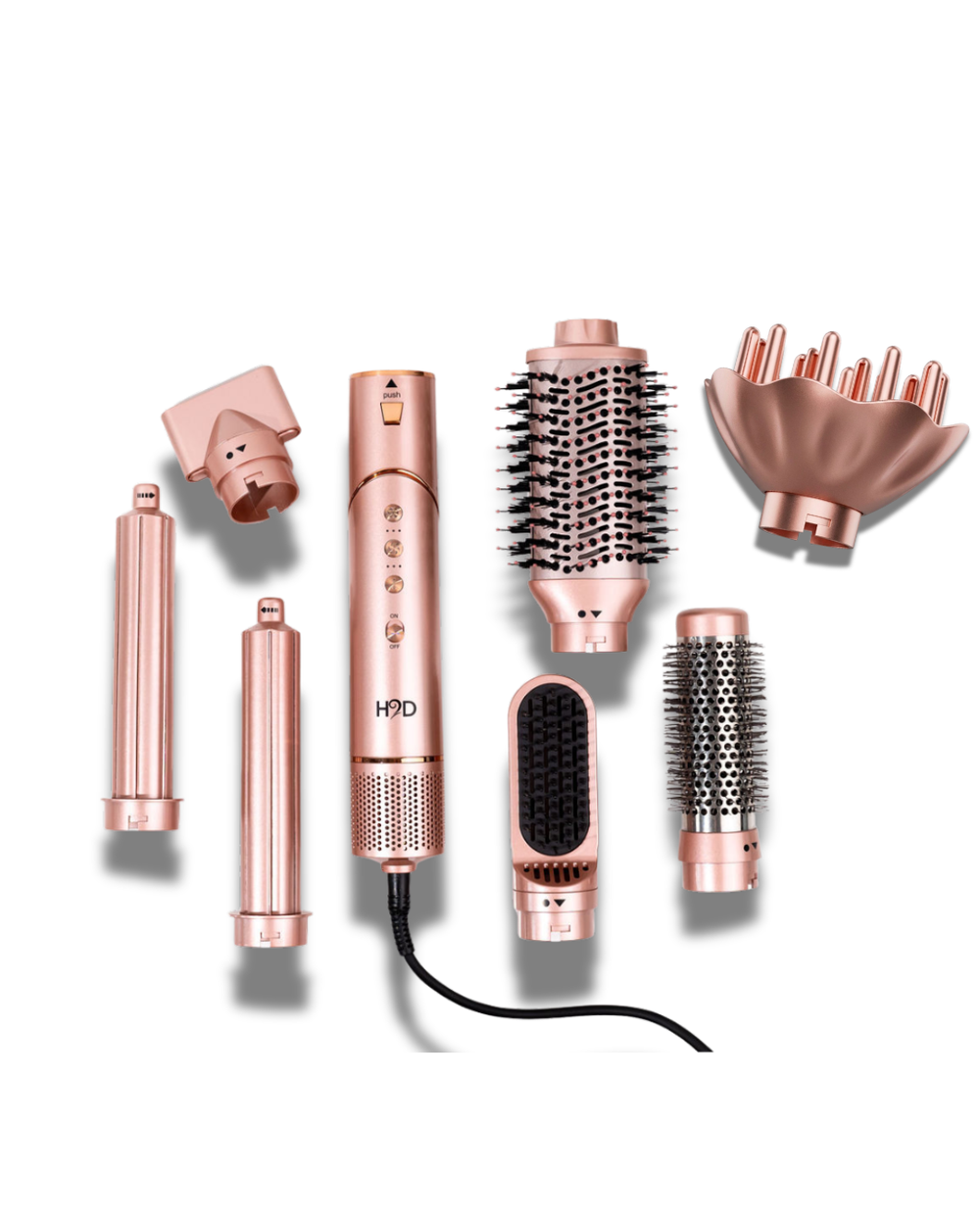 H2D 7-in-1 Ultra Styler Rose Gold hair styling tool set with attachments including round brush, blow dryer, diffuser and comb