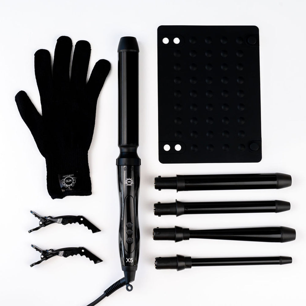 H2D Black X5 Curling Wand set with heat-resistant glove, heat mat, sectioning clips and five interchangeable barrels