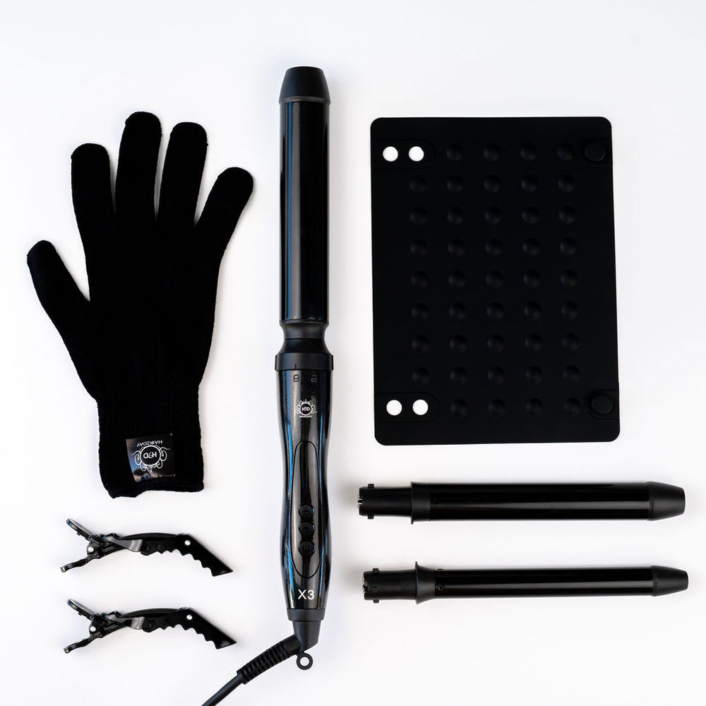 H2D Black X3 Curling Wand set with heat-resistant glove, heat mat, sectioning clips and interchangeable barrels