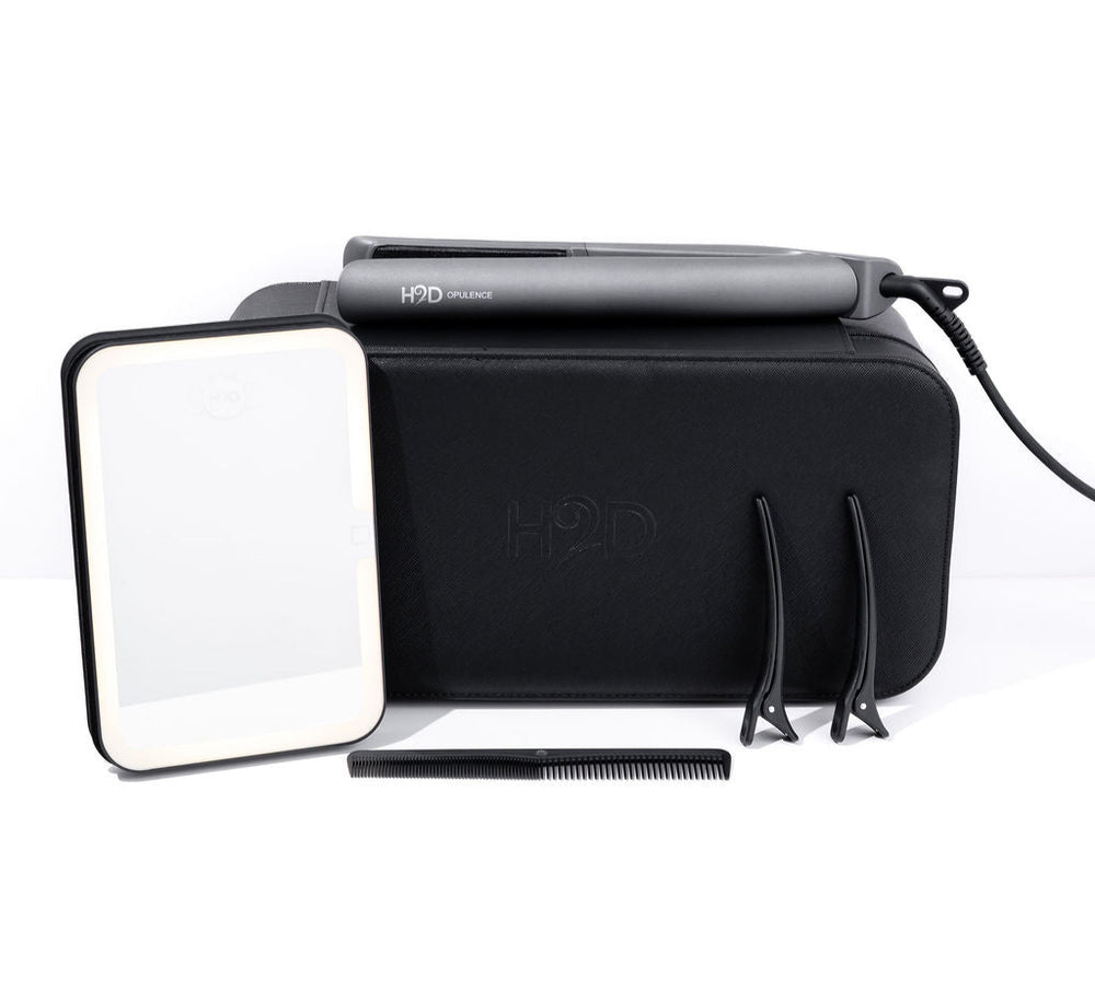 H2D Opulence Space Grey hair straightener with LED mirror, travel case and sectioning clips