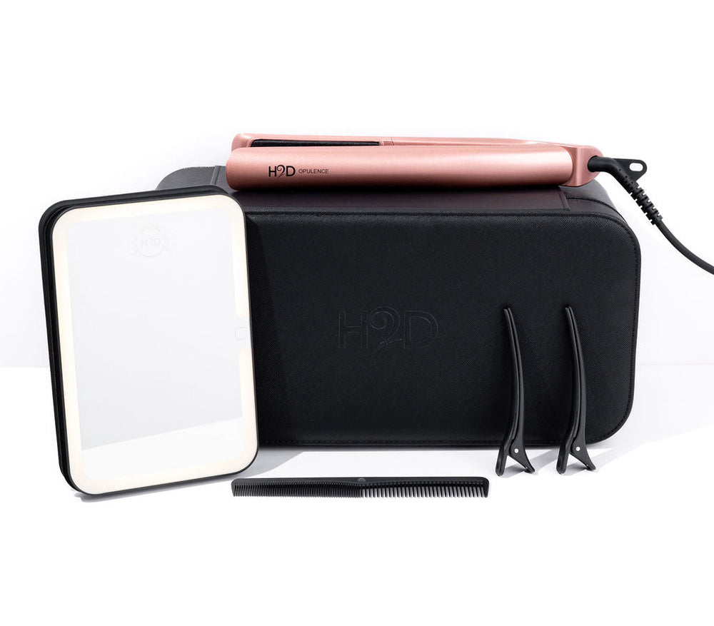 H2D Opulence Rose Gold hair straightener with LED mirror, travel case and sectioning clips