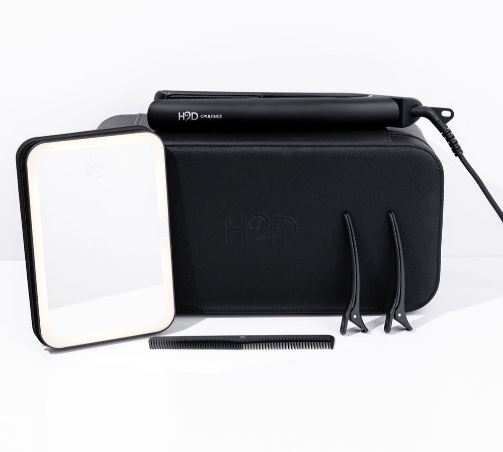 H2D Opulence Satin Black hair straightener with LED mirror, travel case and sectioning clips
