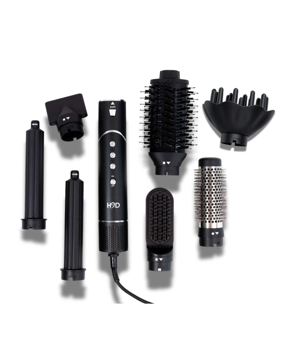 H2D 7-in-1 Ultra Styler Matte Black hair styling tool set with attachments including round brush, blow dryer, diffuser and comb