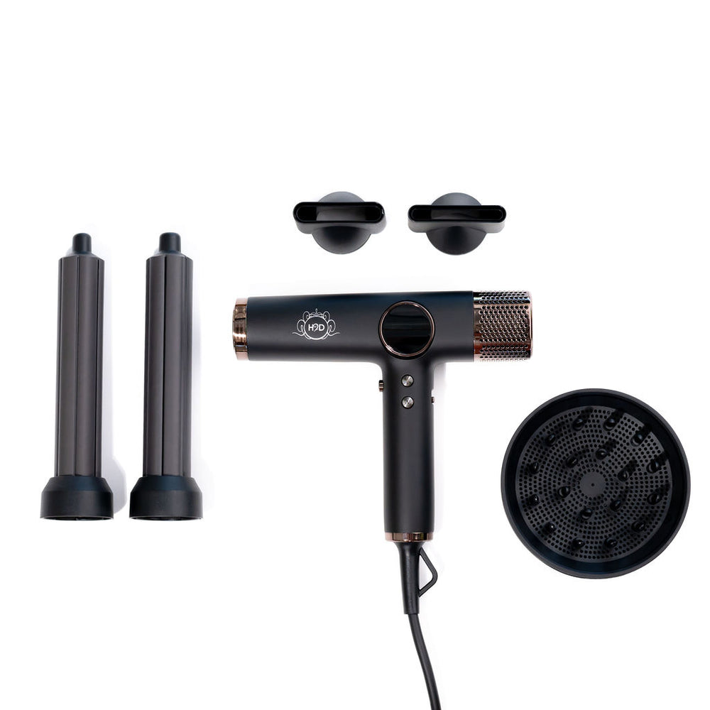 H2D Xtreme Black hair dryer with barrel attachments, diffuser and concentrator nozzles
